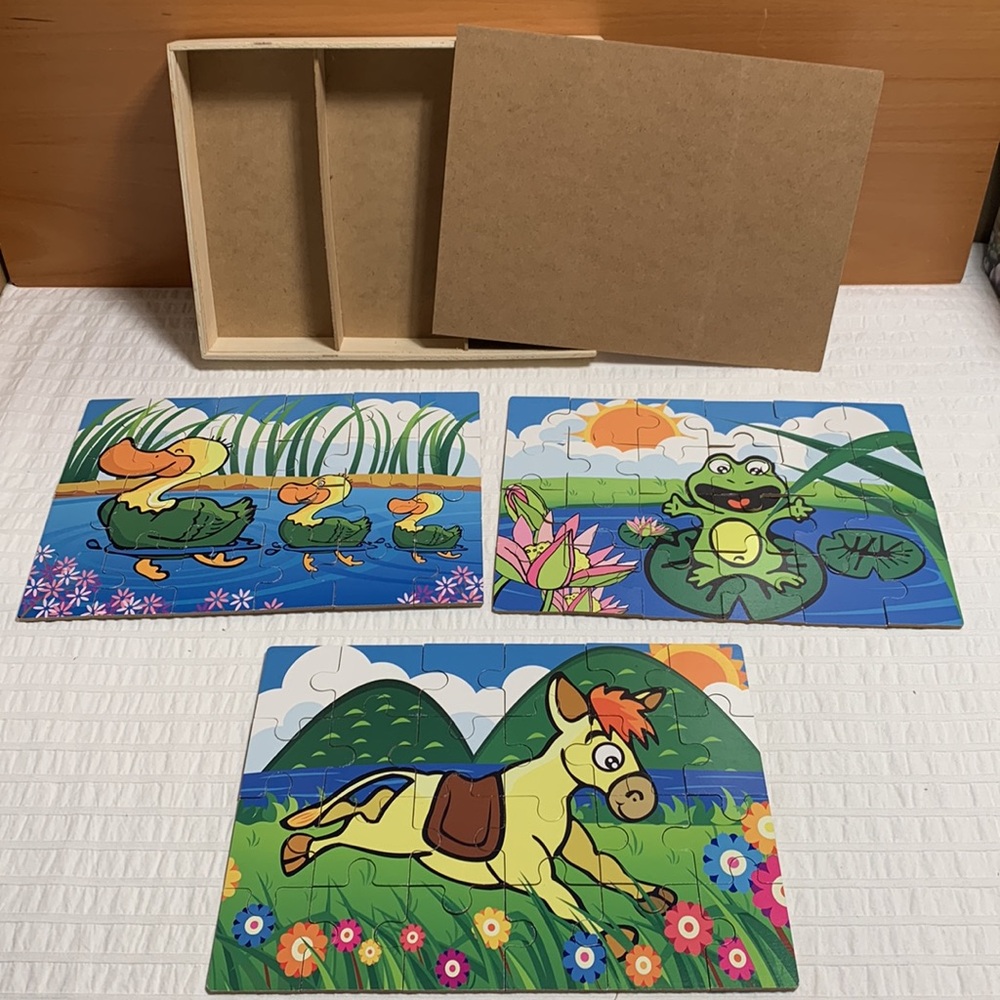 Wood Animal Puzzle Set in Wooden Storage Box